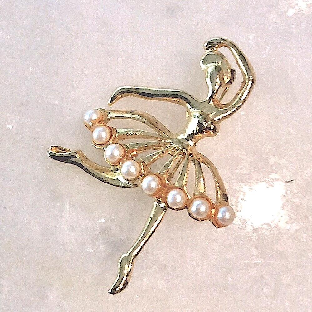 Vintage Tutu Ballerina Pearl Brooch Gold
